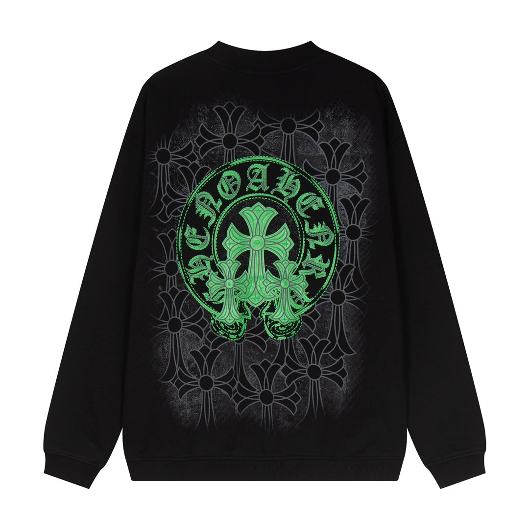 CHROME Hearts Green Horse Shoe Logo Sweatshirt - Black Unisex Streetwear Limited Edition