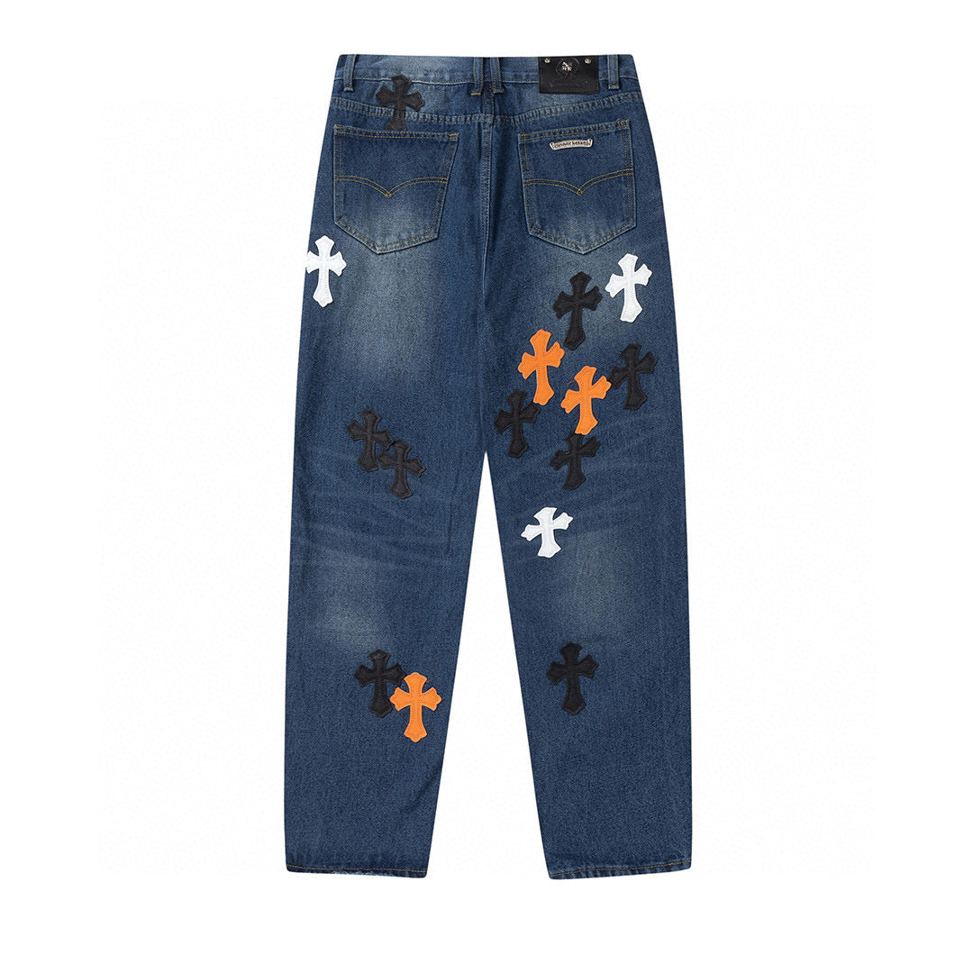 CHROME Hearts Crow Hearts Jeans Denim - Red Unisex Streetwear Limited Edition