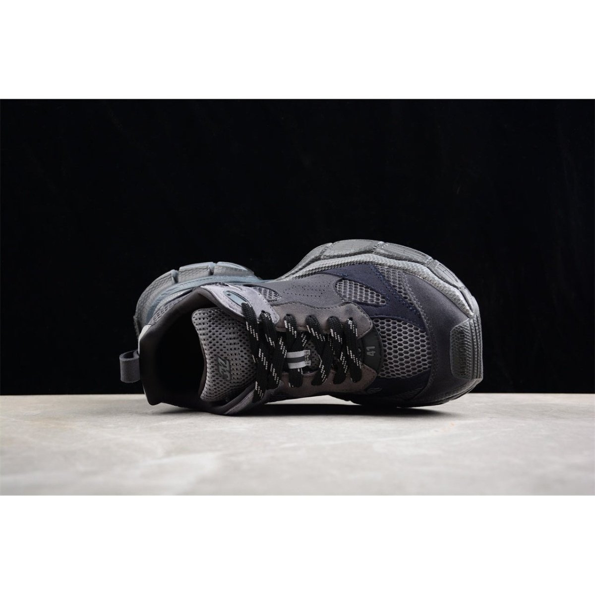 BALENCIAGA 3 - L - Dark Sneakers - Grey Unisex Streetwear Limited Edition - The BALENCIAGA 3XL x Dark Grey sneakers epitomize bold luxury with a monochromatic, understated design.