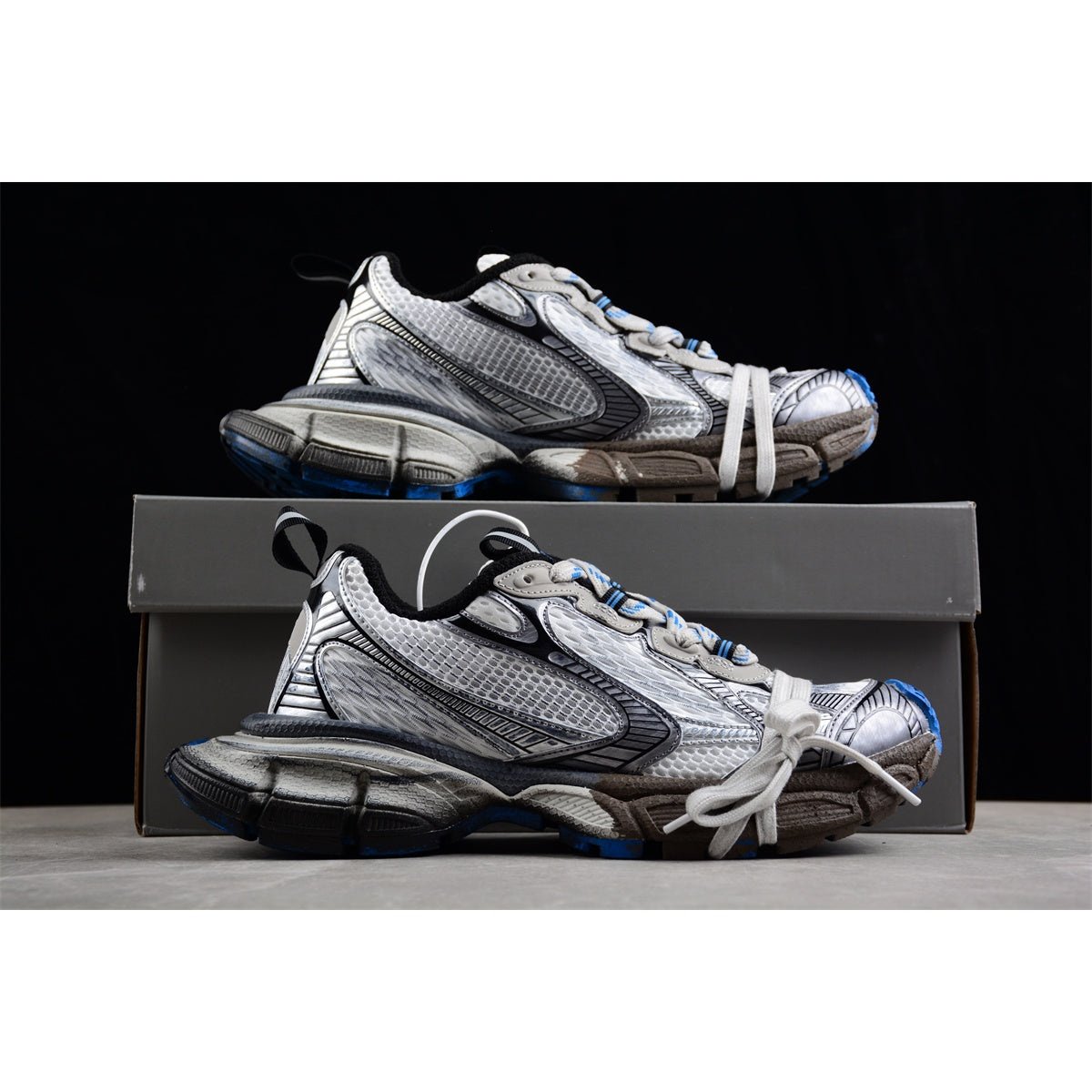 BALENCIAGA 3 - L - Gray Blue-graffiti Sneakers Unisex Streetwear Limited Edition - Introducing the BALENCIAGA 3XL in Gray Blue-Graffiti, a bold fusion of urban art and high