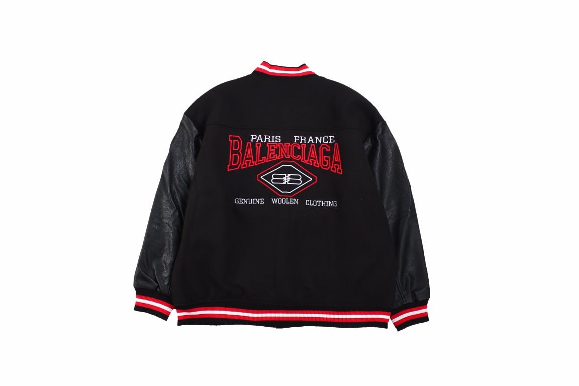 Balenciaga Varsity Jacket - Black Unisex Streetwear Limited Edition - This Balenciaga varsity jacket features a sleek black design with red accents. The jacket is