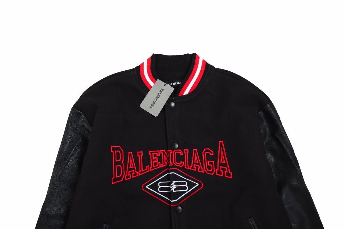 Balenciaga Varsity Jacket - Black Unisex Streetwear Limited Edition - This Balenciaga varsity jacket features a sleek black design with red accents. The jacket is