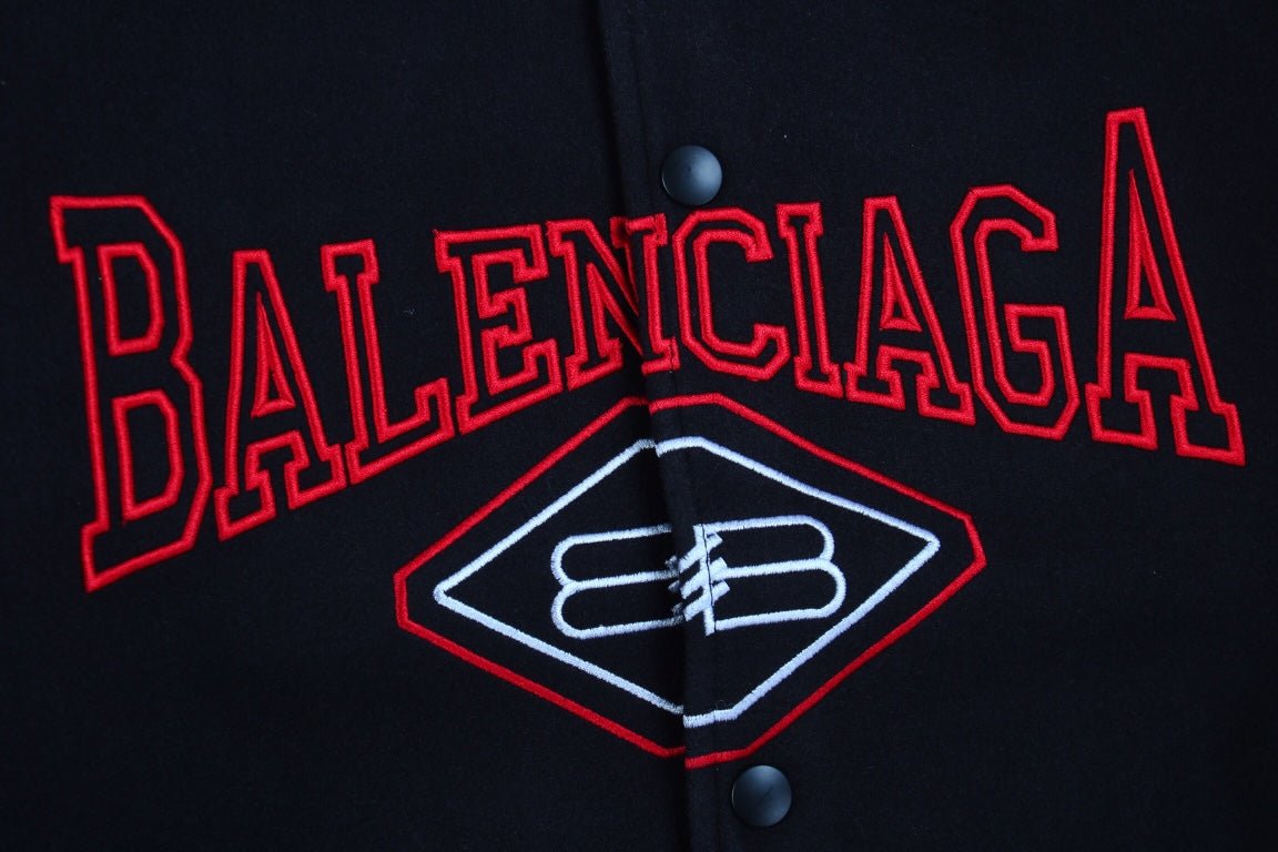 Balenciaga Varsity Jacket - Black Unisex Streetwear Limited Edition - This Balenciaga varsity jacket features a sleek black design with red accents. The jacket is