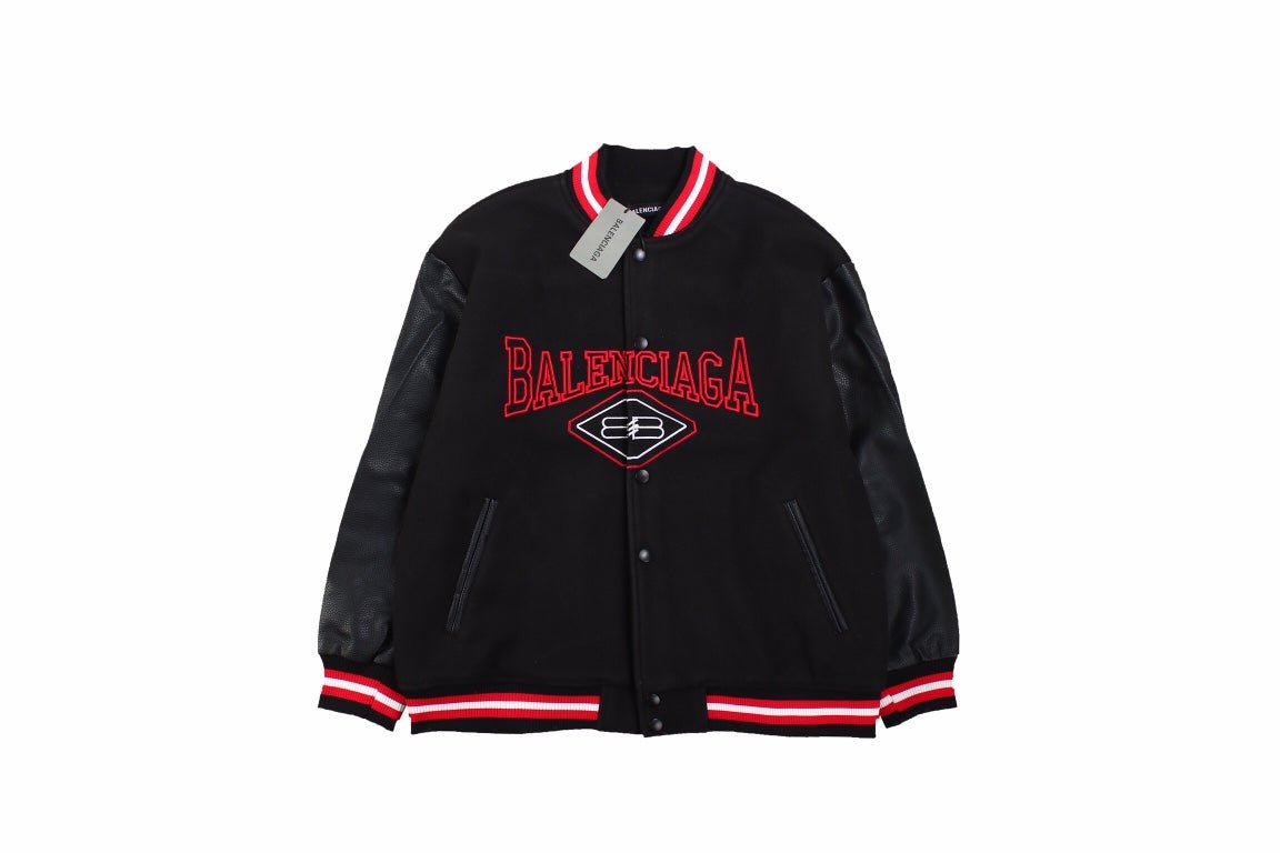 Balenciaga Varsity Jacket - Black Unisex Streetwear Limited Edition - This Balenciaga varsity jacket features a sleek black design with red accents. The jacket is