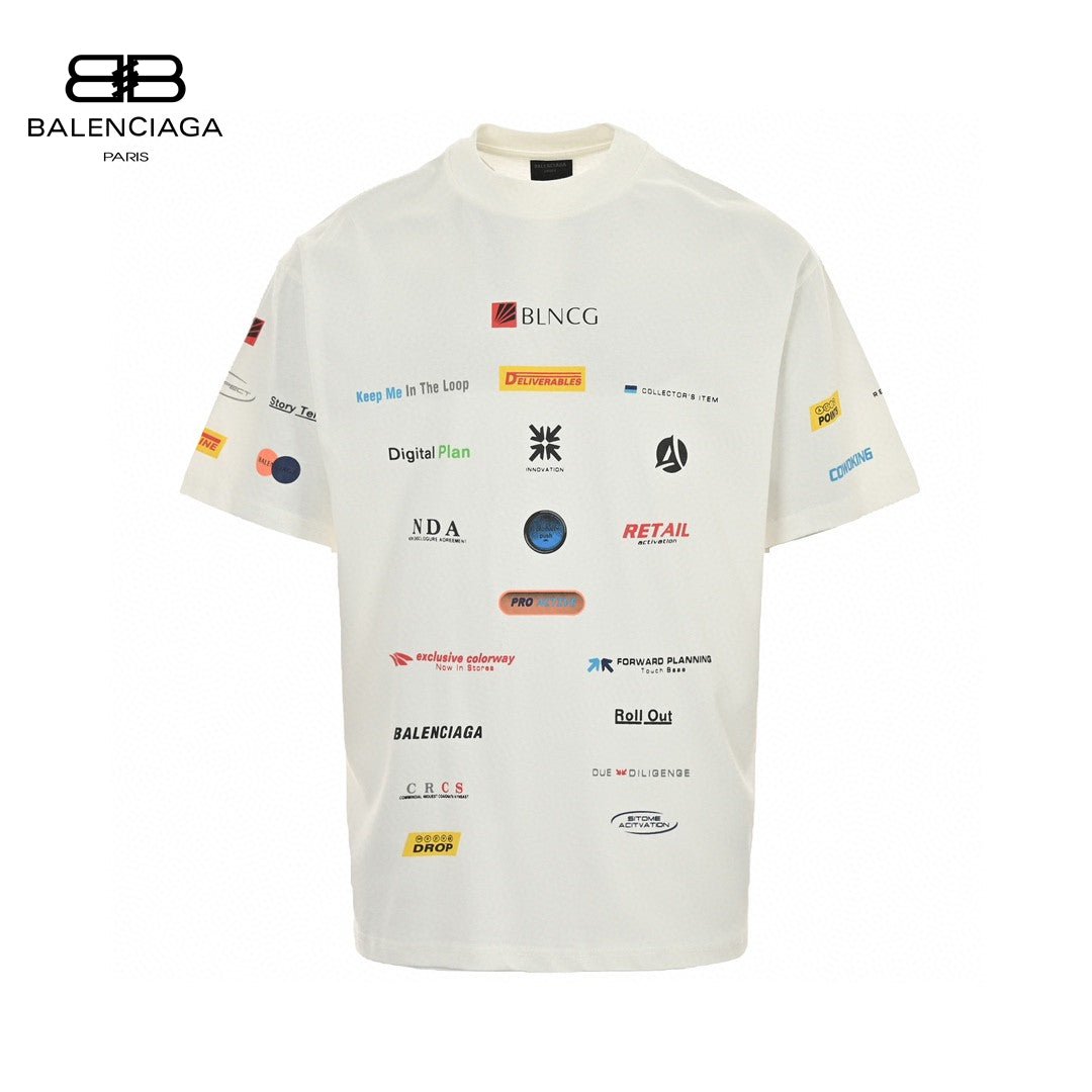 Balenciaga Graphic Print T-shirt - White Unisex Streetwear Limited Edition - <span>This Balenciaga t-shirt showcases a unique and eye-catching graphic print featuring a variety of logos
