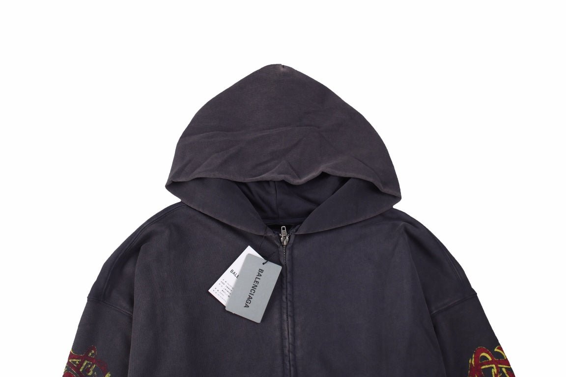 BALENCIAGA Zip-up Hoodie Washed - Grey Unisex Streetwear Limited Edition