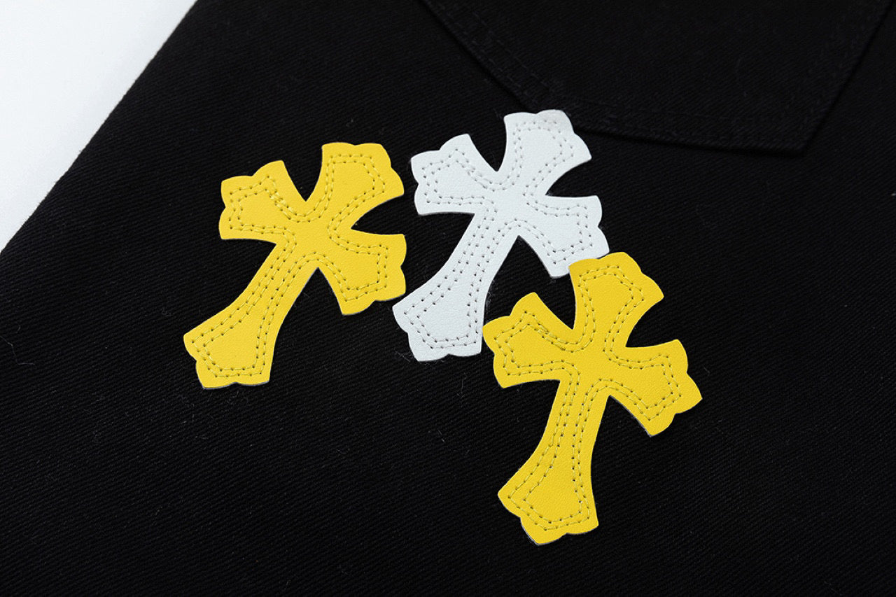 CHROME Hearts White Yellow Cross Patch Jeans - Black Unisex Streetwear Limited Edition