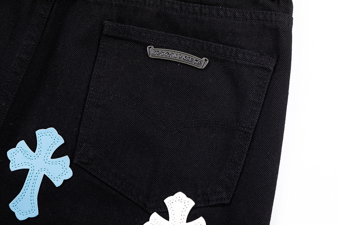 CHROME Hearts Blue Cross Patch Jeans - Black Unisex Streetwear Limited Edition