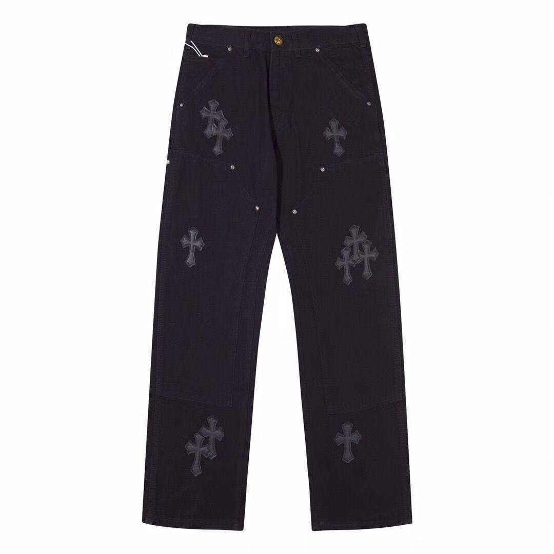 CHROME Hearts Double Knee Carpenter Jeans - Black Unisex Streetwear Limited Edition - The CHROME HEARTS BLACK DOUBLE KNEE CARPENTER JEANS - REPLICA combine rugged utility with luxurious