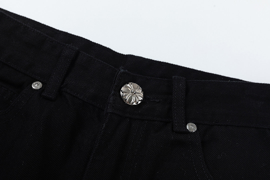 CHROME Hearts Paint Drip Yellow Cross Patch Jeans - Black Unisex Streetwear Limited Edition