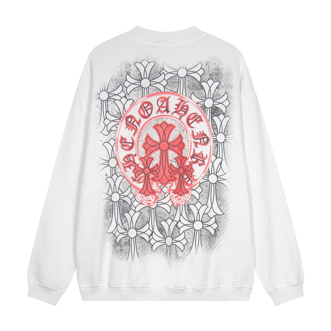 CHROME Hearts Red Horse Shoe Logo Sweatshirt - White Unisex Streetwear Limited Edition