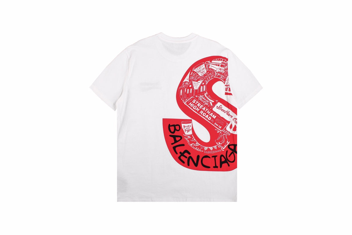 BALENCIAGA - Supreme Red S T-shirt White - Black Unisex Streetwear Limited Edition - The BALENCIAGA x SUPREME RED BLACK S T-SHIRT WHITE - REPLICA is a bold fusion
