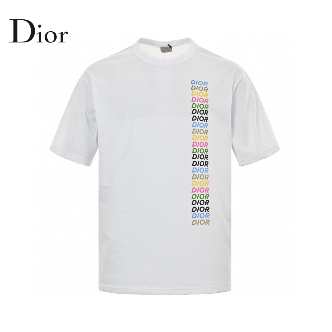 Dior T-shirt - Multicolor Vertical Logo - White Unisex Streetwear Limited Edition - <span>This Dior t-shirt features a sleek white base with a vibrant multicolor 'DIOR' logo repeated