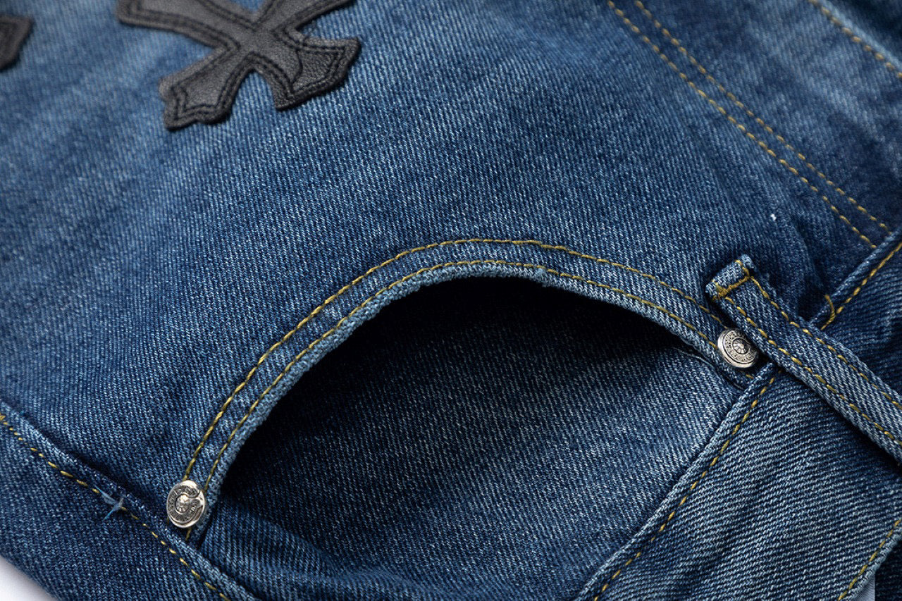 CHROME Hearts Crow Hearts Jeans Denim - Red Unisex Streetwear Limited Edition