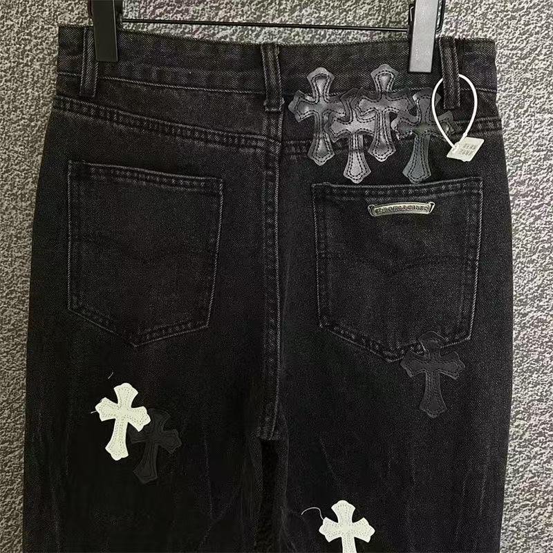 CHROME Hearts White Cross Patch Jeans - Black Unisex Streetwear Limited Edition