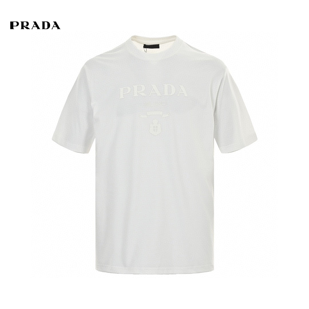 Prada T-shirt - With Subtle Branding - White Unisex Streetwear Limited Edition - <span>This Prada t-shirt features a clean white base with subtle 'PRADA MILANO' branding across the