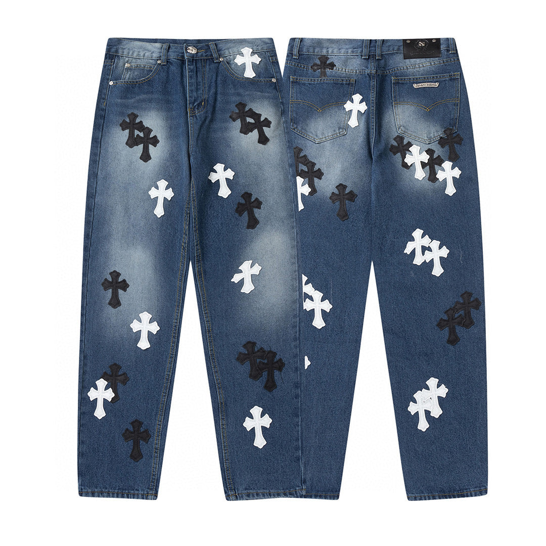 CHROME Hearts White Cross Patch Jeans Denim - Black Unisex Streetwear Limited Edition