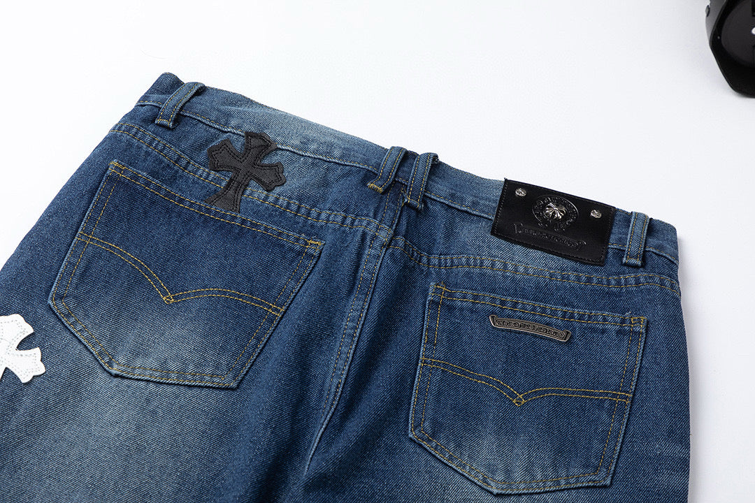 CHROME Hearts Crow Hearts Jeans Denim - Red Unisex Streetwear Limited Edition