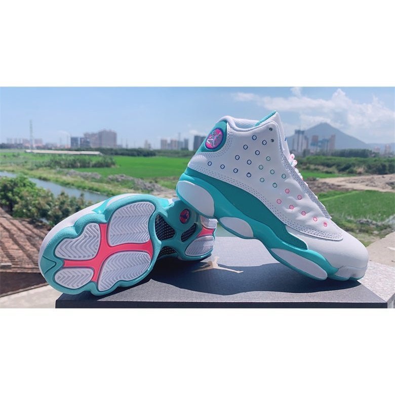 JORDAN 13 Retro - Soar Green Pink Sneakers - White Unisex Streetwear Limited Edition