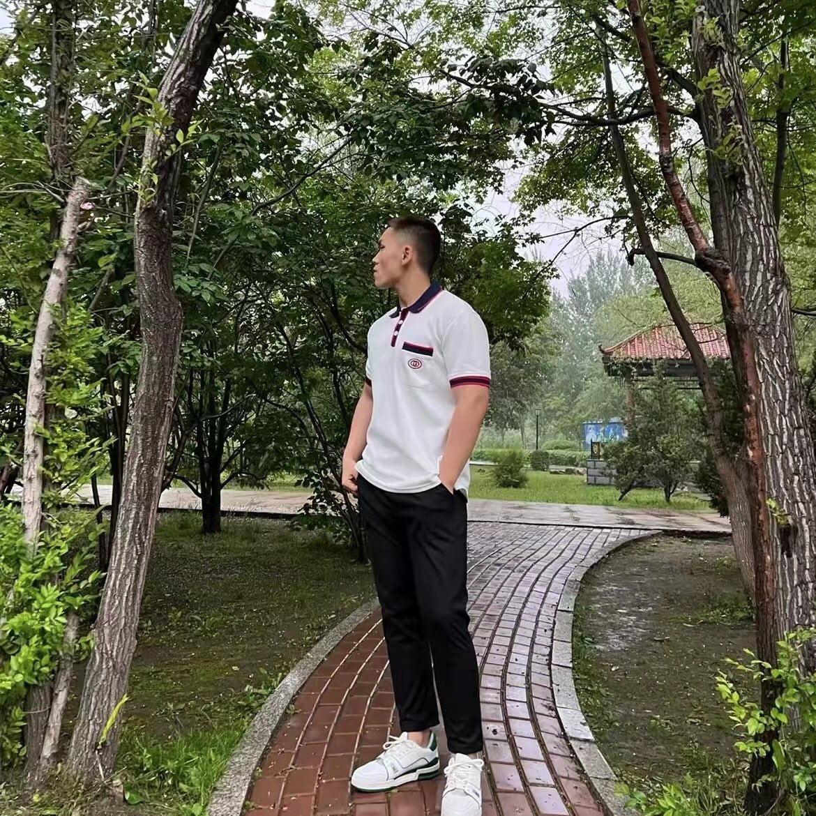 Gucci Polo Shirt With Web Collar (white) Unisex Streetwear Limited Edition - <p dir='ltr'><span>Classic white polo shirt featuring a navy collar and cuffs with red accents.