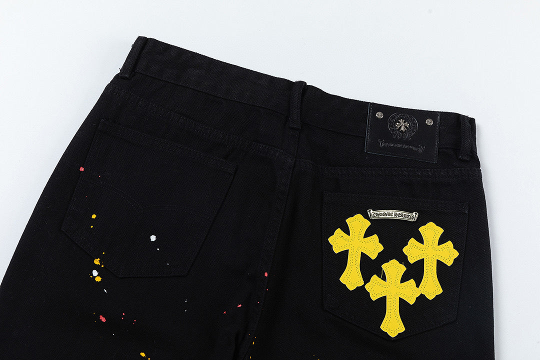 CHROME Hearts Paint Drip Yellow Cross Patch Jeans - Black Unisex Streetwear Limited Edition