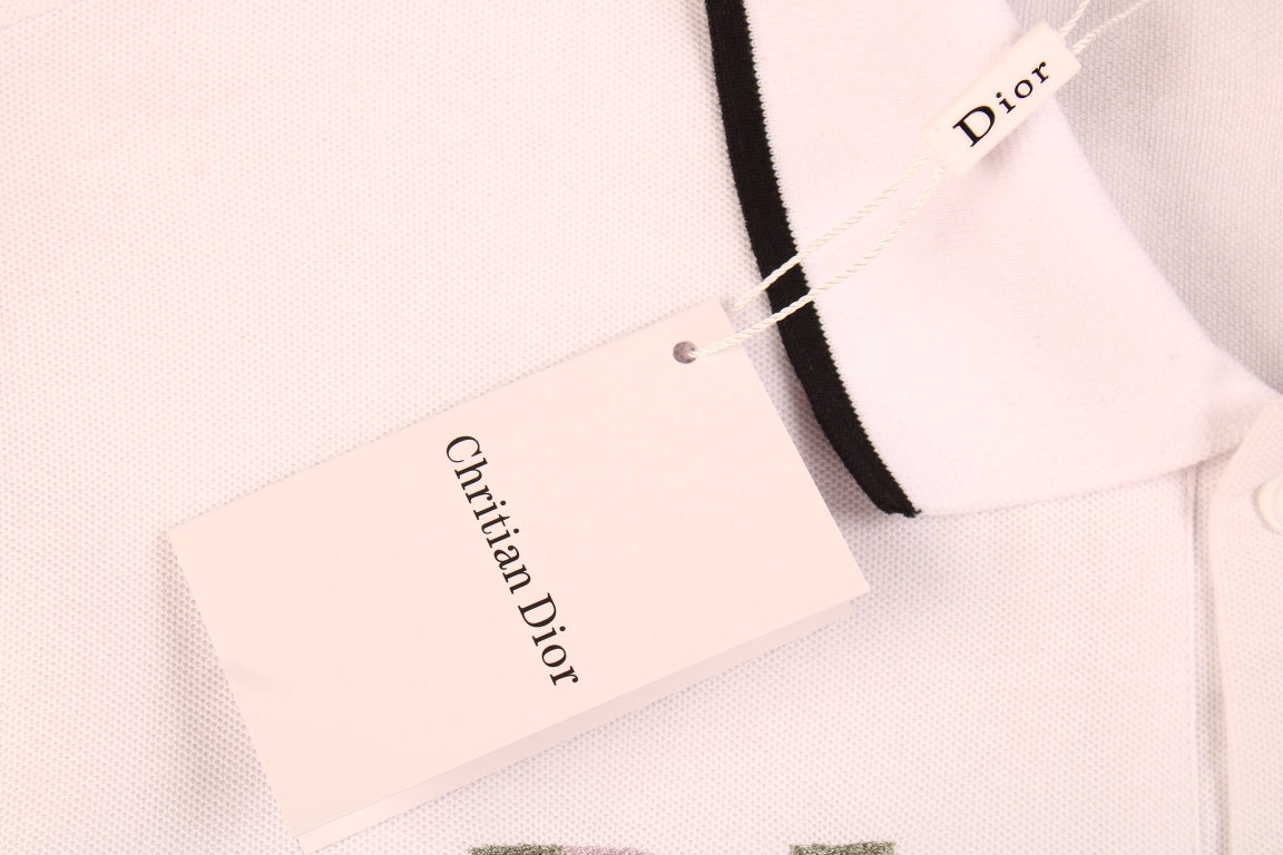 Dior Polo Shirt With Floral Logo Design - Black Unisex Streetwear Limited Edition - <p dir='ltr'><span>This Dior polo shirt features a floral logo design. It is white with