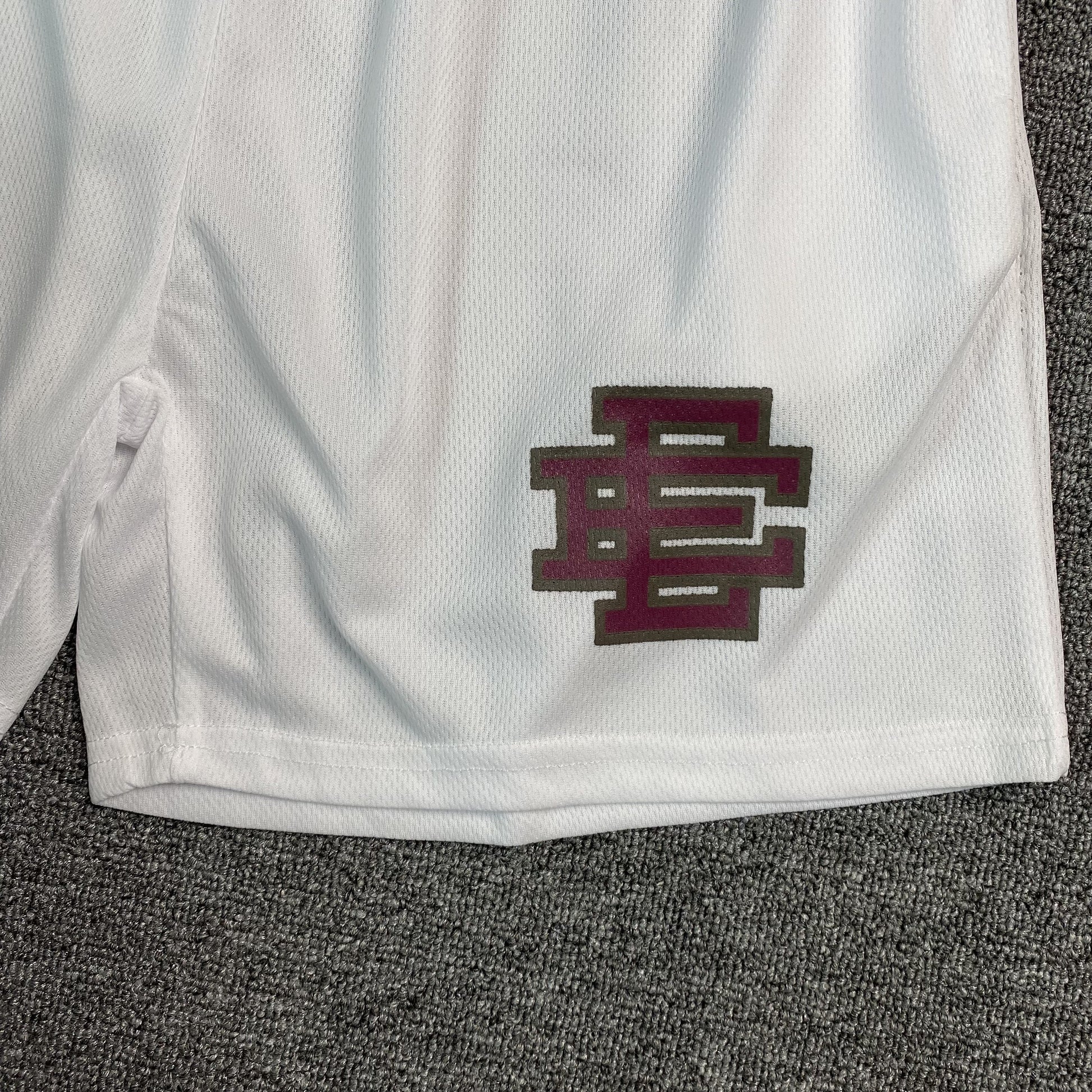ERIC Emanuel Ee Basic Shorts - Grey - Maroon - White Unisex Streetwear Limited Edition - The ERIC EMMANUEL EE BASIC SHORTS WHITE/GREY/MAROON - REPLICA seamlessly blend luxury streetwear aesthetics wit