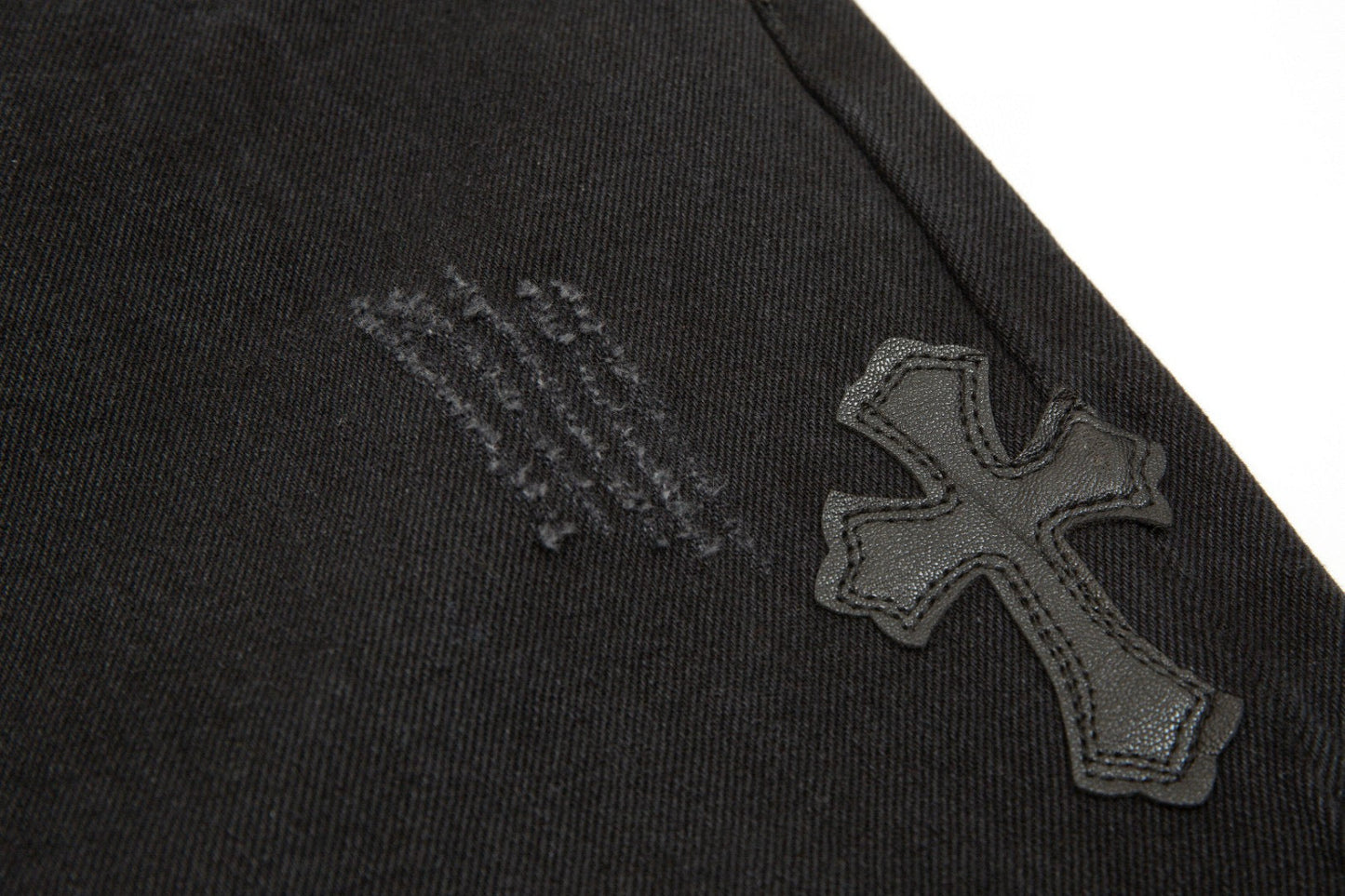 CHROME HEARTS BLACK CROSS PATCH JEANS BLACK - close up - replica sneakers