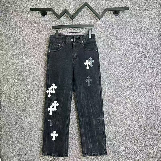 CHROME Hearts White Cross Patch Jeans - Black Unisex Streetwear Limited Edition