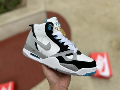 Jordan 13 Flight Mid Sneakers - Black Unisex Streetwear Limited Edition - The sneaker featured in the image is the Nike Air Flight 89 'White/Cool Grey/Aquamarine,' a