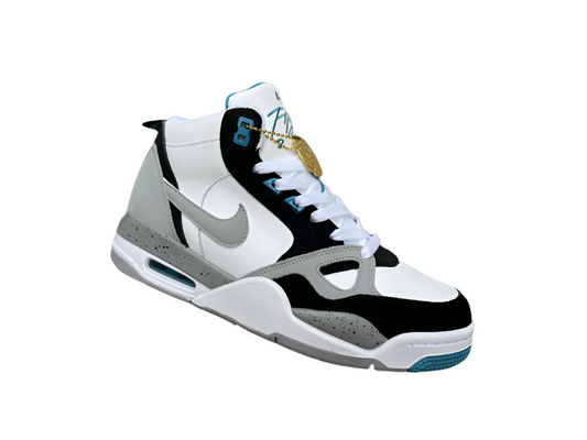 Jordan 13 Flight Mid Sneakers - Black Unisex Streetwear Limited Edition - The sneaker featured in the image is the Nike Air Flight 89 'White/Cool Grey/Aquamarine,' a