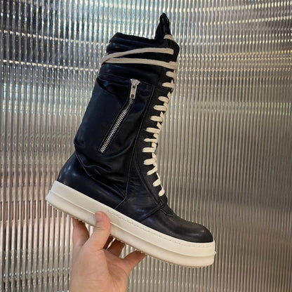 Rick Owens High-top Leather Boots - And Cream T-Shirt - Black Unisex Streetwear Limited Edition - ### Rick Owens High-Top Leather Boots - Black and Cream Introducing the Rick Owens High-Top