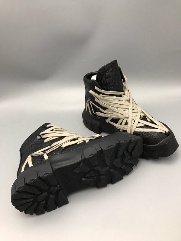 Rick Owens High-top Sneakers With Beige Straps - Black Unisex Streetwear Limited Edition - **Rick Owens Black High-Top Sneakers with Beige Straps: Avant-Garde Design and Superior Craftsmanship** Intro
