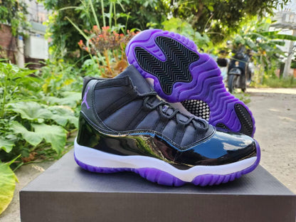 JORDAN 11 And Purple - Black Unisex Streetwear Limited Edition - The Air Jordan 11 in Black and Concord Purple is a bold and dynamic rendition