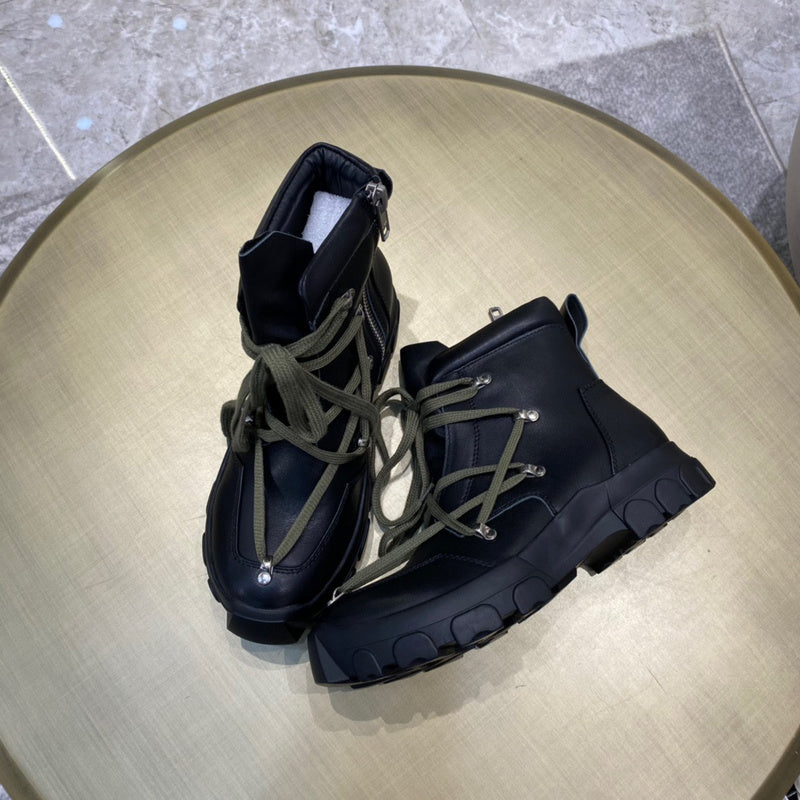 Rick Owens Combat Boots - Leather With Olive Laces Jacket - Black Unisex Streetwear Limited Edition - ### Rick Owens Combat Boots - Black Leather with Olive Laces Introducing the Rick Owens