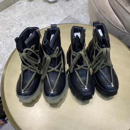 Rick Owens Combat Boots - Leather With Olive Laces And Translucent Sole Jacket - Black Unisex Streetwear Limited Edition - ### Rick Owens Combat Boots - Black Leather with Olive Laces and Translucent