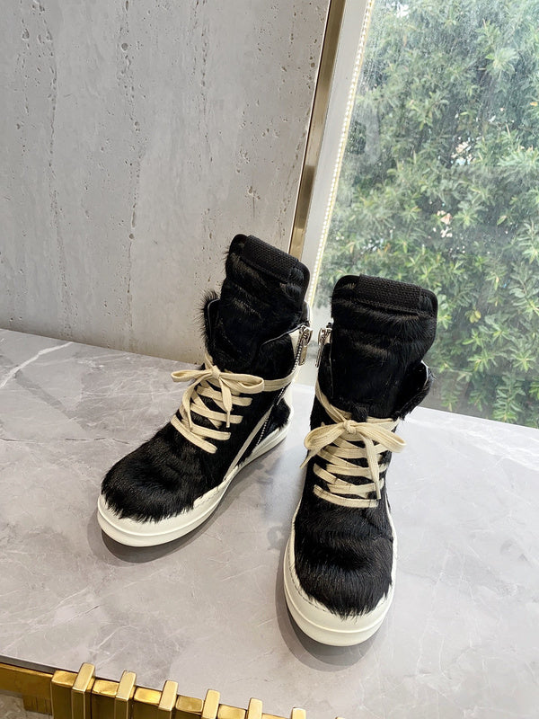 Rick Owens Geobasket Sneakers - Pony Hair - Black Unisex Streetwear Limited Edition - ### Rick Owens Geobasket Sneakers - Black Pony Hair Introducing the Rick Owens Geobasket Sneakers