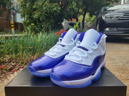 JORDAN 11 Purple And - White Unisex Streetwear Limited Edition - The Air Jordan 11 in white and blue is a striking and stylish sneaker that