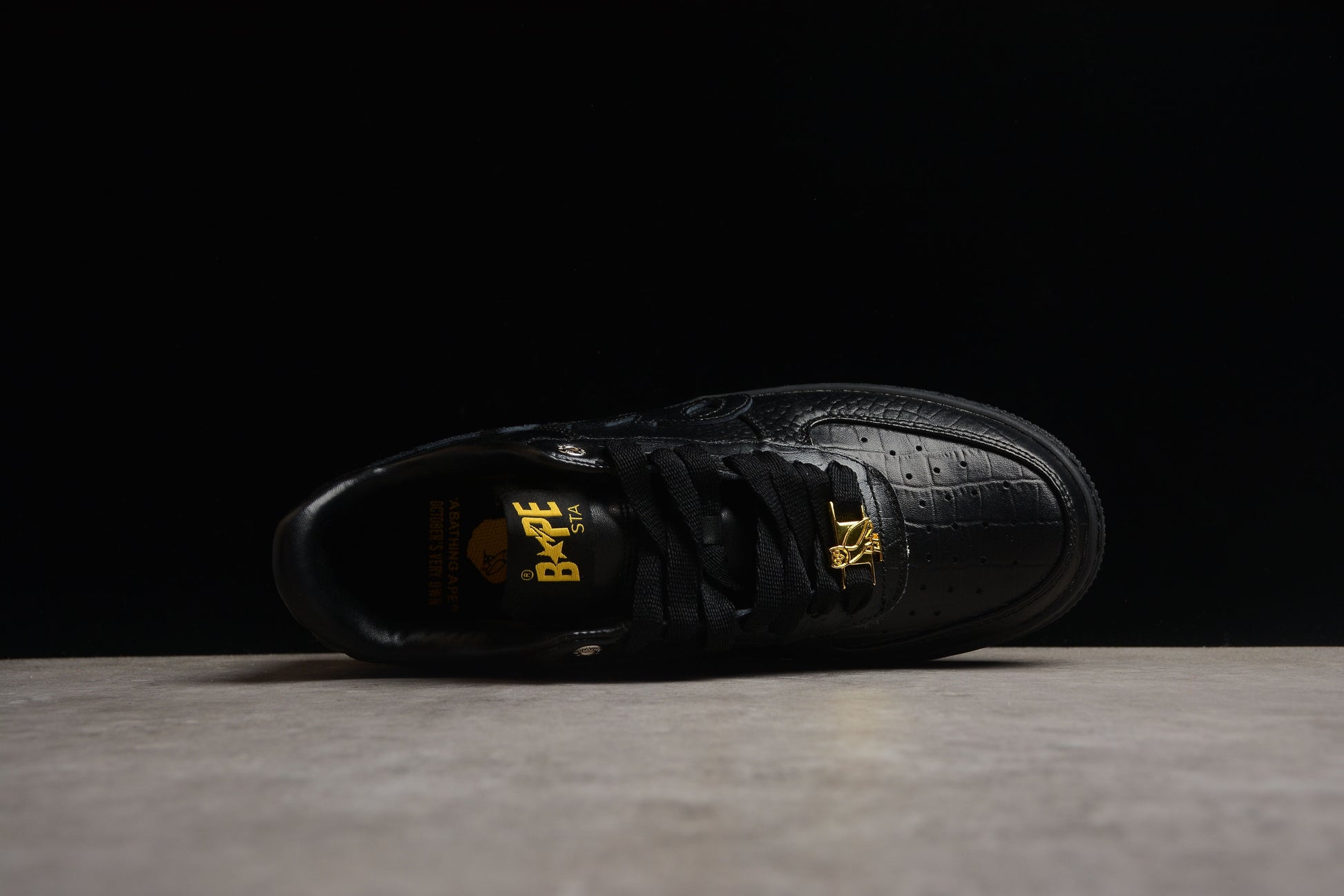 BAPE Sta Low-top Croc-embossed Sneakers - Black Unisex Streetwear Limited Edition - **BAPE STA Low-Top Black Croc-Embossed Sneakers** Introducing the BAPE STA Low-Top Black Croc-Embossed Sneakers, a