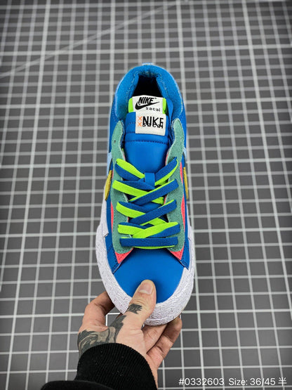 KAWS - Sacai - Nike Blazer'neptune Blue' Unisex Streetwear Limited Edition - The KAWS x Sacai x Nike Blazer 'Neptune Blue' combines bold design, vibrant color, and