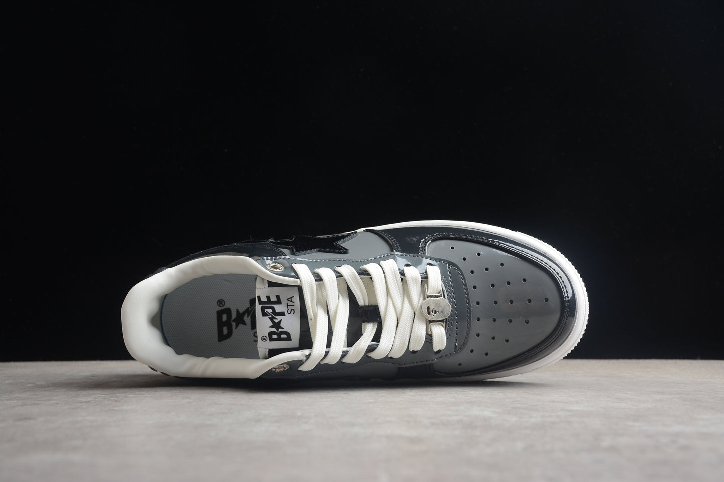 BAPE Sta Patent Leather Low-top Sneakers - Black Unisex Streetwear Limited Edition - **BAPE STA Black Patent Leather Low-Top Sneakers** Step into the world of streetwear with the