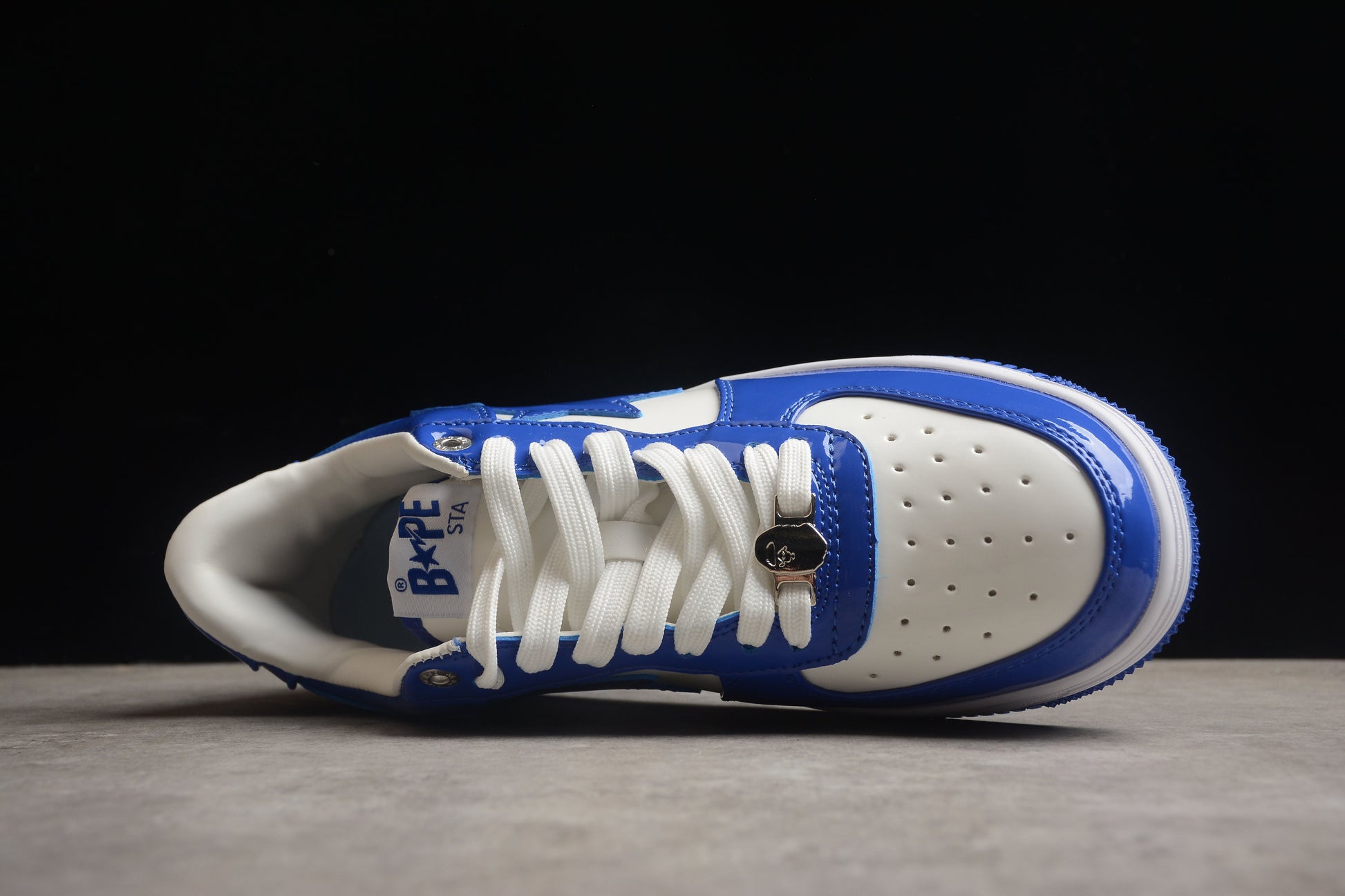 BAPE STA Low-Top Blue and White Patent Leather Sneakers - close up - replica sneakers