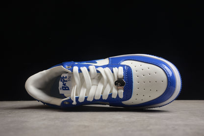 BAPE STA Low-Top Blue and White Patent Leather Sneakers - close up - replica sneakers