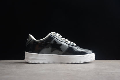 BAPE Sta Patent Leather Low-top Sneakers - Black Unisex Streetwear Limited Edition - **BAPE STA Black Patent Leather Low-Top Sneakers** Step into the world of streetwear with the