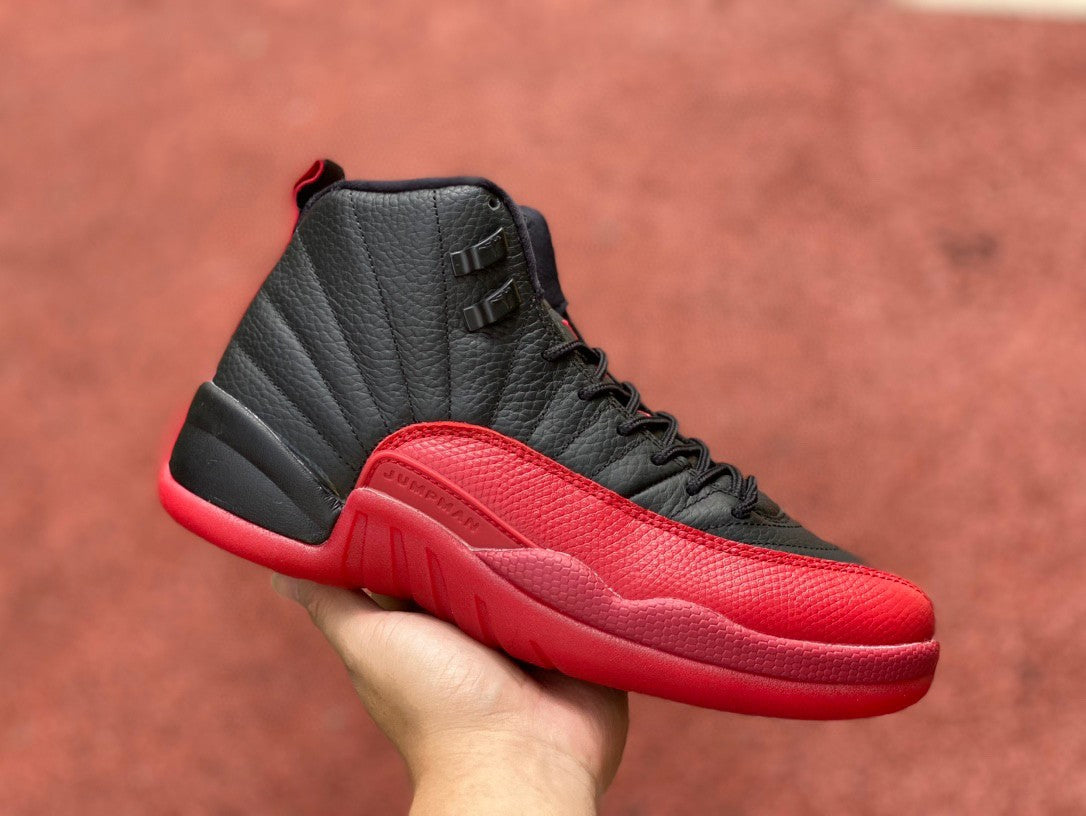 Jordan 12 Flu Game - Black Unisex Streetwear Limited Edition - Introducing the Air Jordan 12 Retro in a striking black and red colorway, a timeless