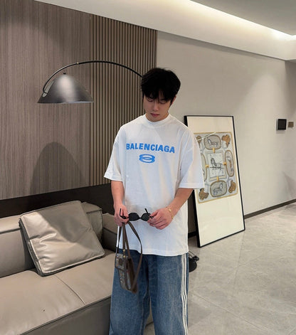 Balenciaga Blue Logo T-shirt (white) Unisex Streetwear Limited Edition - The Balenciaga Blue Logo T-Shirt in white offers a fresh and modern look with its