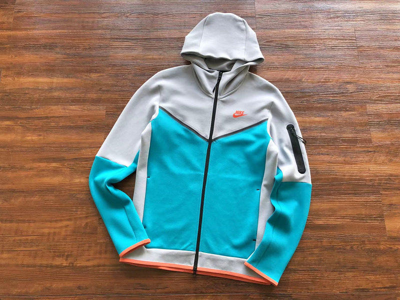 NIKE Tech Fleece Hoodie - Wolf Grey - Aquamarine - - Orange Unisex Streetwear Limited Edition - The NIKE TECH FLEECE HOODIE WOLF GREY/AQUAMARINE/ORANGE - REPLICA is the perfect fusion of modern