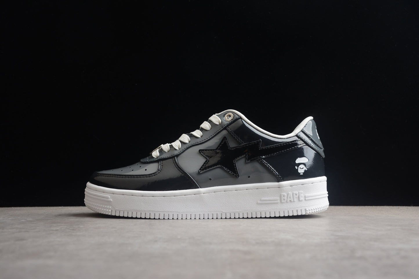 BAPE Sta Patent Leather Low-top Sneakers - Black Unisex Streetwear Limited Edition - **BAPE STA Black Patent Leather Low-Top Sneakers** Step into the world of streetwear with the