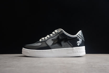 BAPE Sta Patent Leather Low-top Sneakers - Black Unisex Streetwear Limited Edition - **BAPE STA Black Patent Leather Low-Top Sneakers** Step into the world of streetwear with the