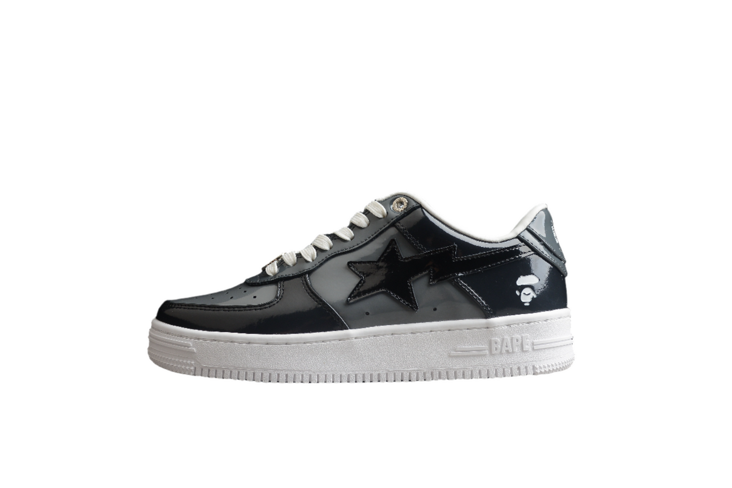 BAPE Sta Patent Leather Low-top Sneakers - Black Unisex Streetwear Limited Edition - **BAPE STA Black Patent Leather Low-Top Sneakers** Step into the world of streetwear with the